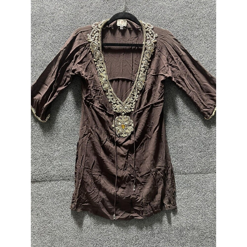 Alka Vora Tunic Womens Medium Brown Embellished Beaded Boho Top Deep V Neck